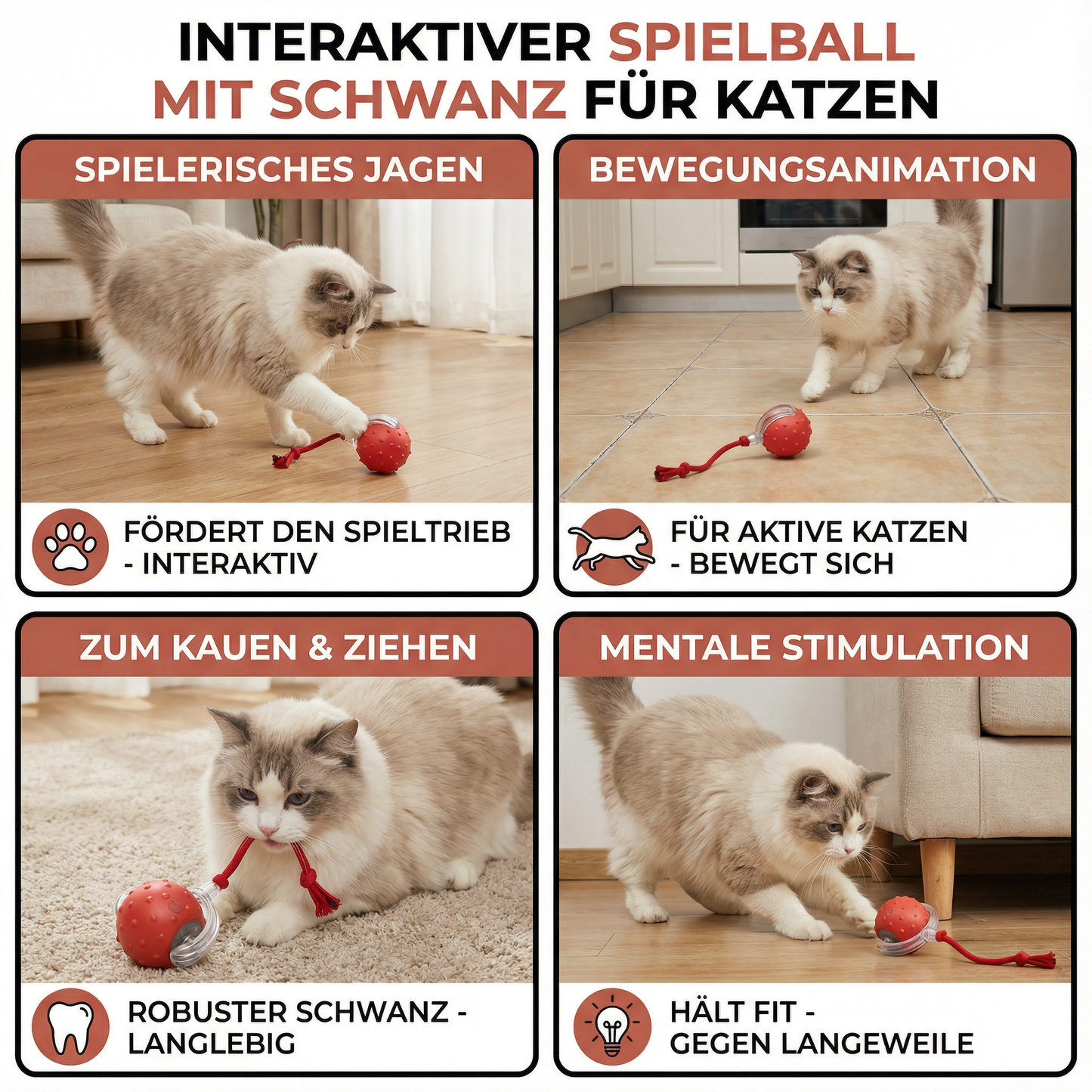 Interaktiver Katzenball mit Schwanz – Bewegung & Spiel für aktive Katzen